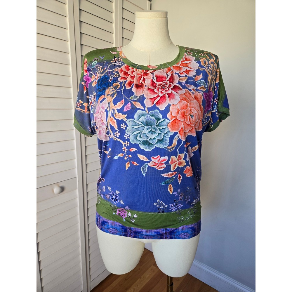 Citron Blue Green Floral Short Sleeve Knit Top Size L Boho Artsy Cottagecore